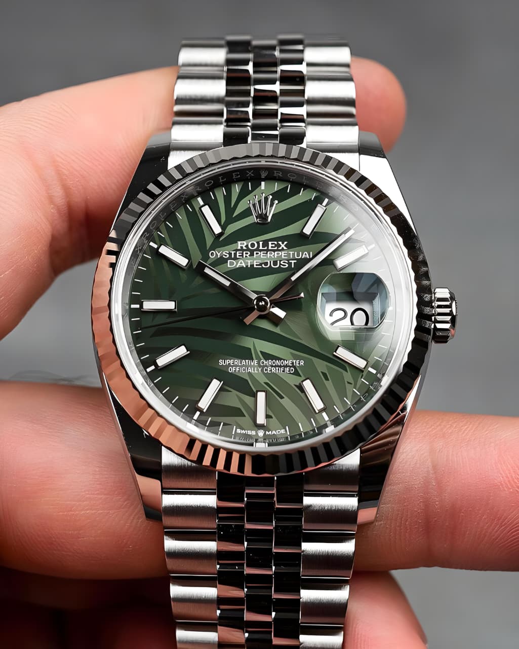 Rolex Datejust 36 with a Green Palm Motif Dial.