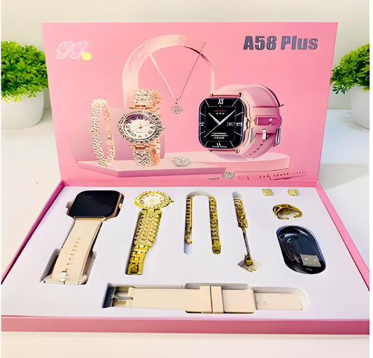 A58 Plus Smart Watch with Elegant Jewelry 8-in-1 Gift Set for Women